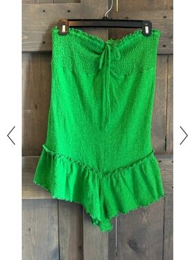 Anthropologie Green Strapless Ruffled Romper